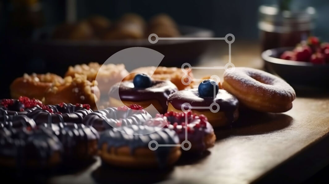 Σετ των 2 Intra Συλλεκτικό Ξύλινο Παζλ Plywood  4mm - Νόστιμα ντόνατς με σοκολάτα και πασπαλίζουμε σε ένα τραπέζι με μούρα Σε Ξύλινο Κουτί - Διαστάσεις: 10x10 cm – 25 κομμάτια