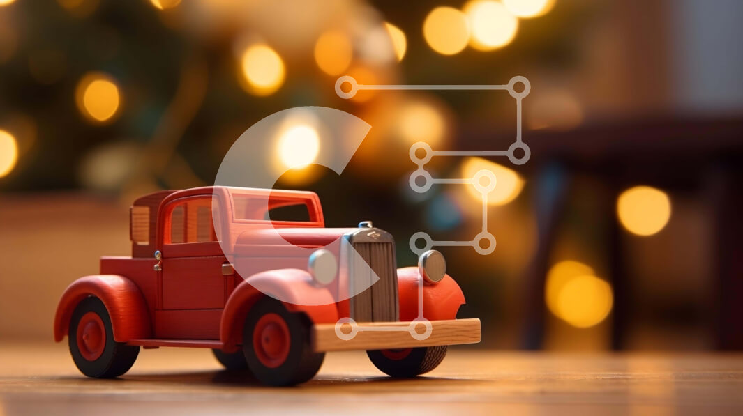 Intra Συλλεκτικό Ξύλινο Παζλ Plywood  4mm - Κόκκινο φορτηγό παιχνίδι μπροστά από το φωτισμένο χριστουγεννιάτικο δέντρο Σε Ξύλινο Κουτί - Διαστάσεις: 10x10 cm – 25 κομμάτια