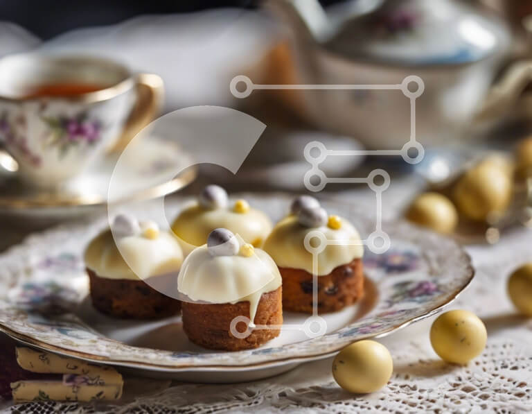 Σετ των 2 Intra Συλλεκτικό Ξύλινο Παζλ Plywood  4mm - Διάφορα επιδόρπια και τσάι με θέμα το Πάσχα σε ένα άσπρο πιάτο Σε Ξύλινο Κουτί - Διαστάσεις: 10x10 cm – 25 κομμάτια