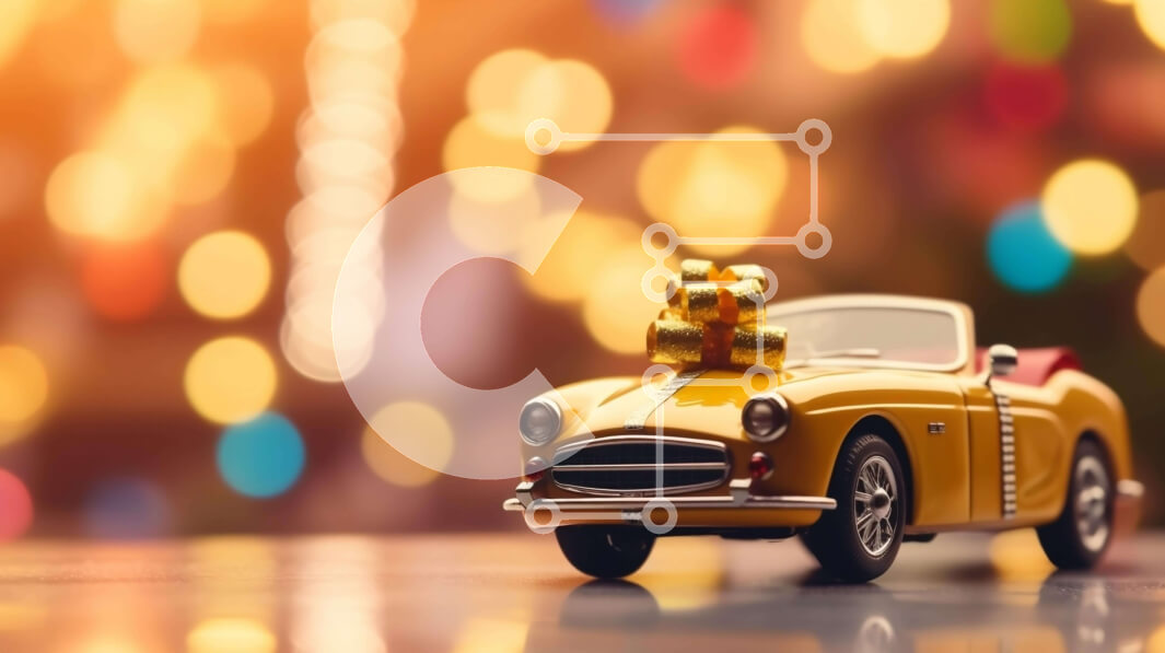 Intra Συλλεκτικό Ξύλινο Παζλ Plywood  4mm - Παιχνίδι κίτρινο αυτοκίνητο με διακοσμητικό φιόγκο σε πολύχρωμα φώτα Bokeh Σε Ξύλινο Κουτί - Διαστάσεις: 10x10 cm – 25 κομμάτια