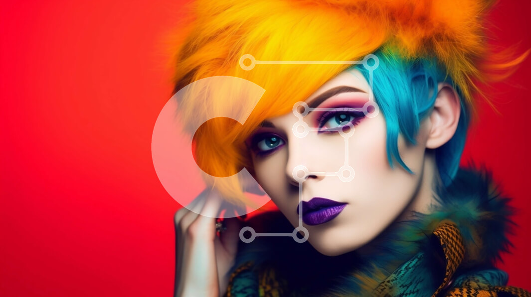 Intra Συλλεκτικό Ξύλινο Παζλ Plywood  4mm - Σοβαρή νεαρή γυναίκα με έντονα βαμμένα μαλλιά και μακιγιάζ σε πολύχρωμο γούνινο παλτό Σε Ξύλινο Κουτί - Διαστάσεις Puzzle: 10x10 cm – 25 κομμάτια