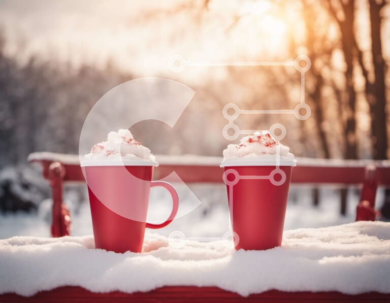 Intra Συλλεκτικό Ξύλινο Παζλ Plywood  4mm - Κόκκινα φλιτζάνια καφέ με καραμέλες μέντας σε χιονισμένο πάγκο Σε Ξύλινο Κουτί - Διαστάσεις Puzzle: 10x10 cm – 25 κομμάτια