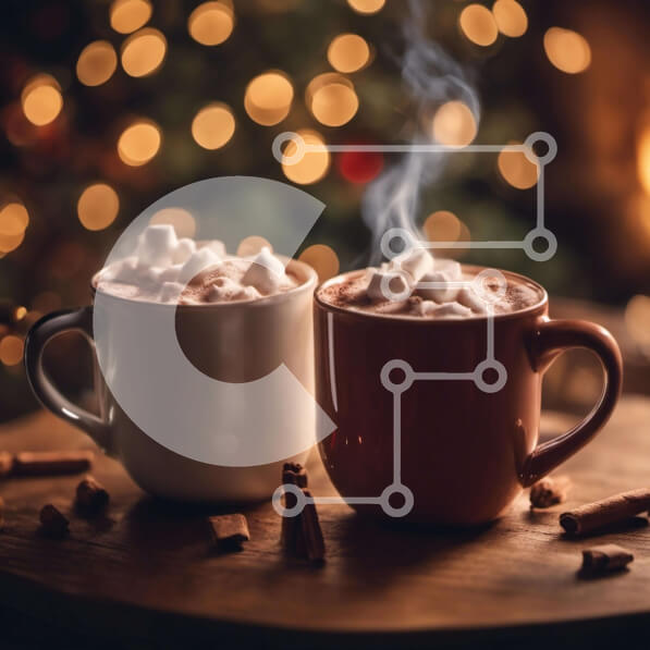 Intra Συλλεκτικό Ξύλινο Παζλ Plywood  4mm - Δύο φλιτζάνια ζεστό κακάο με ξυλάκια κανέλας μπροστά από ένα χριστουγεννιάτικο δέντρο Σε Ξύλινο Κουτί - Διαστάσεις Puzzle: 10x10 cm – 25 κομμάτια