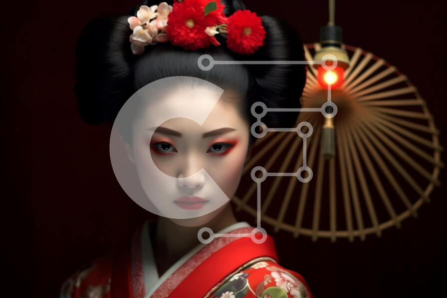 Intra Συλλεκτικό Ξύλινο Παζλ Plywood  4mm - Σοβαρή γυναίκα με κόκκινο κιμονό με βεντάλια και λουλούδι στα μαλλιά Σε Ξύλινο Κουτί - Διαστάσεις Puzzle: 10x10 cm – 25 κομμάτια