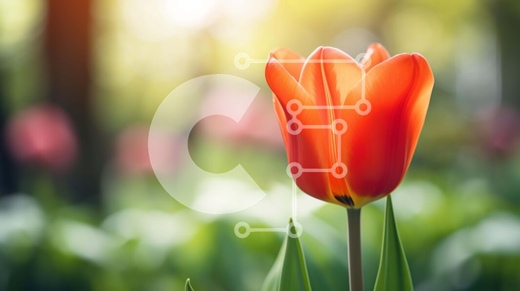 Intra Συλλεκτικό Ξύλινο Παζλ Plywood  4mm - Πορτοκαλί τουλίπα σε πράσινο χωράφι με ροζ και λευκά λουλούδια Σε Ξύλινο Κουτί - Διαστάσεις: 10x10 cm – 25 κομμάτια