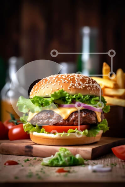 Σετ των 2 Intra Συλλεκτικό Ξύλινο Παζλ Plywood  4mm - Λαχταριστό Cheeseburger με φρέσκο ​​μαρούλι και ντομάτα σε ξύλινο τραπέζι Σε Ξύλινο Κουτί - Διαστάσεις: 10x10 cm – 25 κομμάτια