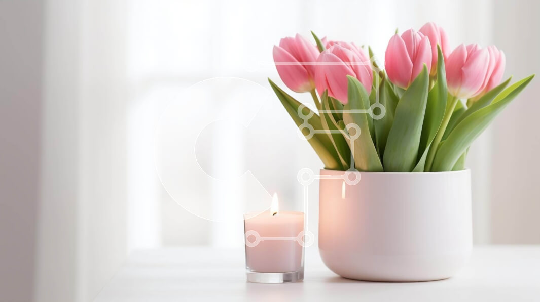 Intra Συλλεκτικό Ξύλινο Παζλ Plywood  4mm - Ροζ τουλίπες σε λευκό βάζο με κεριά Σε Ξύλινο Κουτί - Διαστάσεις Puzzle: 10x10 cm – 25 κομμάτια