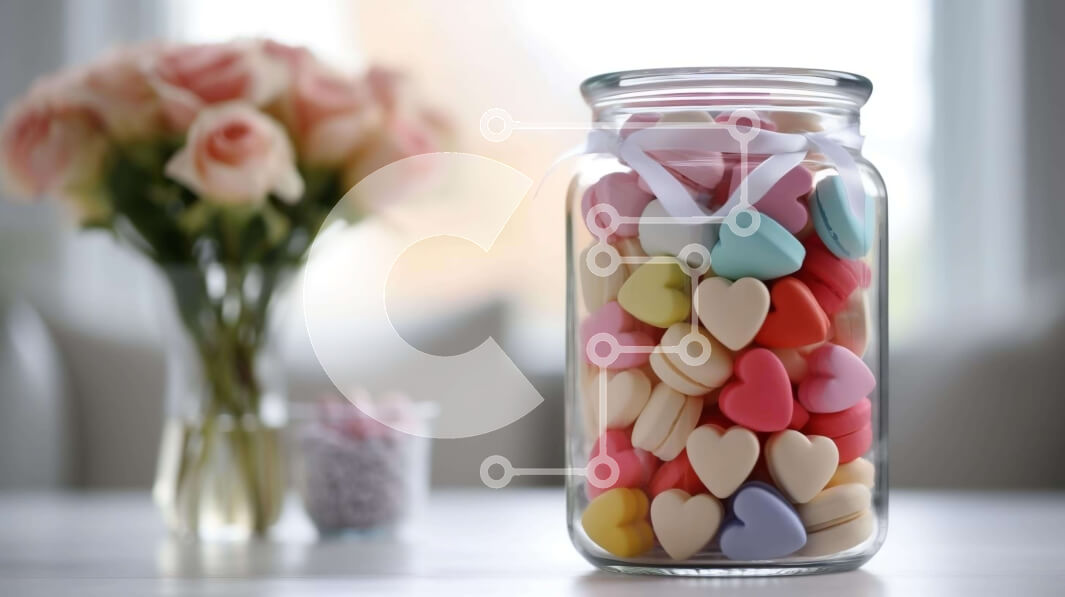 Intra Συλλεκτικό Ξύλινο Παζλ Plywood  4mm - Πολύχρωμες καραμέλες σε σχήμα καρδιάς σε γυάλινο βάζο με ροζ τριαντάφυλλα Σε Ξύλινο Κουτί - Διαστάσεις: 10x10 cm – 25 κομμάτια