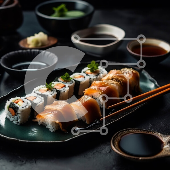 Σετ των 2 Intra Συλλεκτικό Ξύλινο Παζλ Plywood  4mm - Νόστιμο πιάτο σούσι με φρέσκα ψάρια και λαχανικά Σε Ξύλινο Κουτί - Διαστάσεις: 10x10 cm – 25 κομμάτια