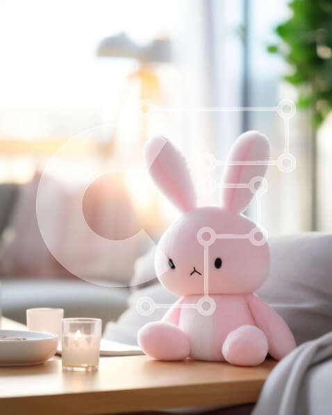 Intra Συλλεκτικό Ξύλινο Παζλ Plywood  4mm - Ροζ λαγουδάκι γεμιστό ζώο στο τραπέζι στο σαλόνι Σε Ξύλινο Κουτί - Διαστάσεις: 10x10 cm – 25 κομμάτια