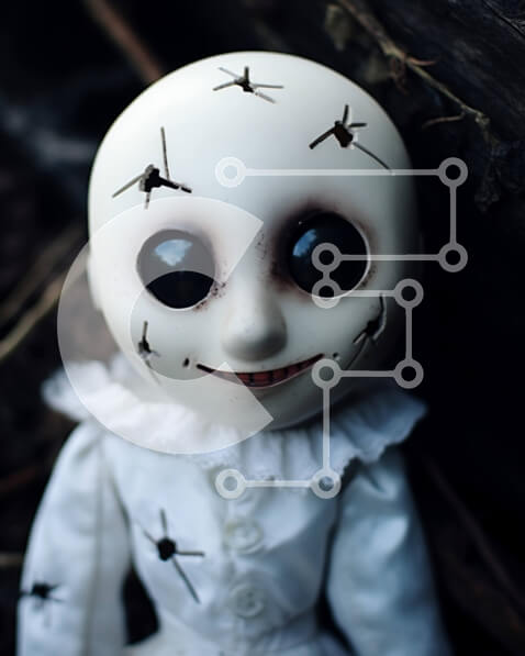 Intra Συλλεκτικό Ξύλινο Παζλ Plywood  4mm - Ανατριχιαστική κούκλα με τρύπες σε πρόσωπο και σώμα Σε Ξύλινο Κουτί - Διαστάσεις Puzzle: 10x10 cm – 25 κομμάτια