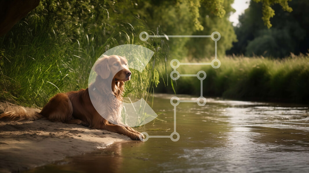 Intra Συλλεκτικό Ξύλινο Παζλ Plywood  4mm - Αξιολάτρευτο σκυλί Golden Retriever που απολαμβάνει τη θέα στο νερό του ποταμού Σε Ξύλινο Κουτί - Διαστάσεις: 10x10 cm – 25 κομμάτια