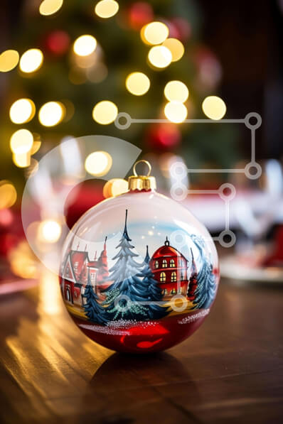 Intra Συλλεκτικό Ξύλινο Παζλ Plywood  4mm - Χριστουγεννιάτικη μπάλα στο τραπέζι με φωτισμένο χριστουγεννιάτικο δέντρο Σε Ξύλινο Κουτί - Διαστάσεις: 10x10 cm – 25 κομμάτια