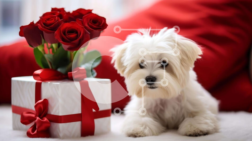 Intra Συλλεκτικό Ξύλινο Παζλ Plywood  4mm - Ευτυχισμένος λευκός σκύλος που κάθεται δίπλα στο ανοιχτό κουτί δώρου και τα κόκκινα τριαντάφυλλα Σε Ξύλινο Κουτί - Διαστάσεις: 10x10 cm – 25 κομμάτια