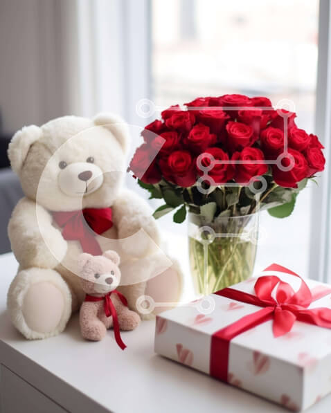 Intra Συλλεκτικό Ξύλινο Παζλ Plywood  4mm - Αρκουδάκι και τριαντάφυλλα με κουτί δώρου και λουλούδια Σε Ξύλινο Κουτί - Διαστάσεις: 10x10 cm – 25 κομμάτια