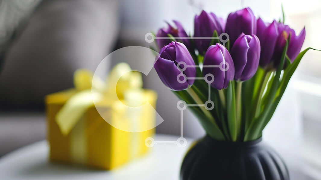 Intra Συλλεκτικό Ξύλινο Παζλ Plywood  4mm - Φρέσκες μωβ τουλίπες σε μαύρο βάζο με κίτρινο κουτί δώρου Σε Ξύλινο Κουτί - Διαστάσεις Puzzle: 10x10 cm – 25 κομμάτια