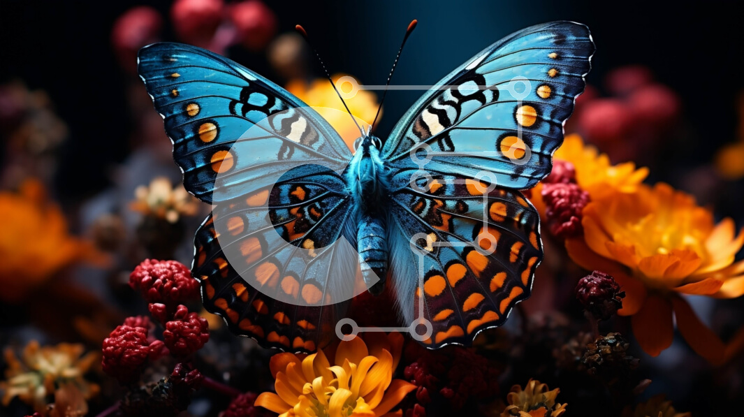 Intra Συλλεκτικό Ξύλινο Παζλ Plywood  4mm - Όμορφη εικόνα μιας μπλε πεταλούδας σε ένα πολύχρωμο λουλούδι Σε Ξύλινο Κουτί - Διαστάσεις: 10x10 cm – 25 κομμάτια