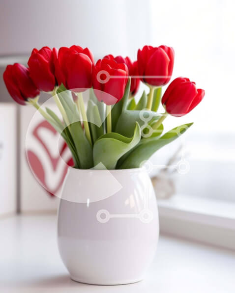 Intra Συλλεκτικό Ξύλινο Παζλ Plywood  4mm - Ζωντανές κόκκινες τουλίπες σε λευκό βάζο Σε Ξύλινο Κουτί - Διαστάσεις Puzzle: 10x10 cm – 25 κομμάτια