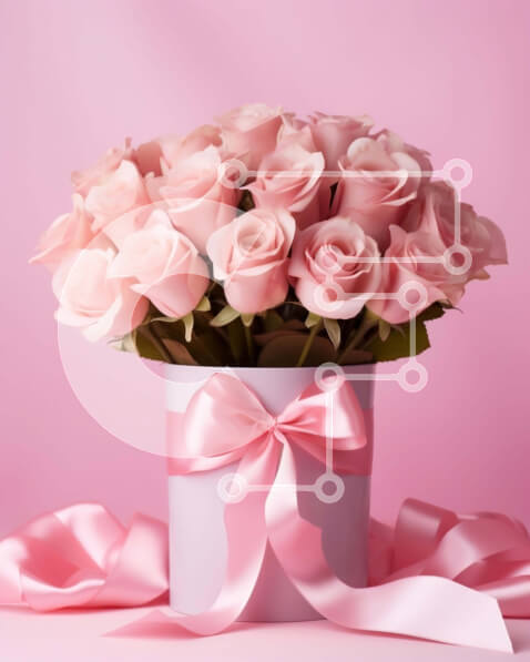 Intra Συλλεκτικό Ξύλινο Παζλ Plywood  4mm - Ροζ τριαντάφυλλα σε λευκό βάζο με ροζ κορδέλα Σε Ξύλινο Κουτί - Διαστάσεις Puzzle: 10x10 cm – 25 κομμάτια