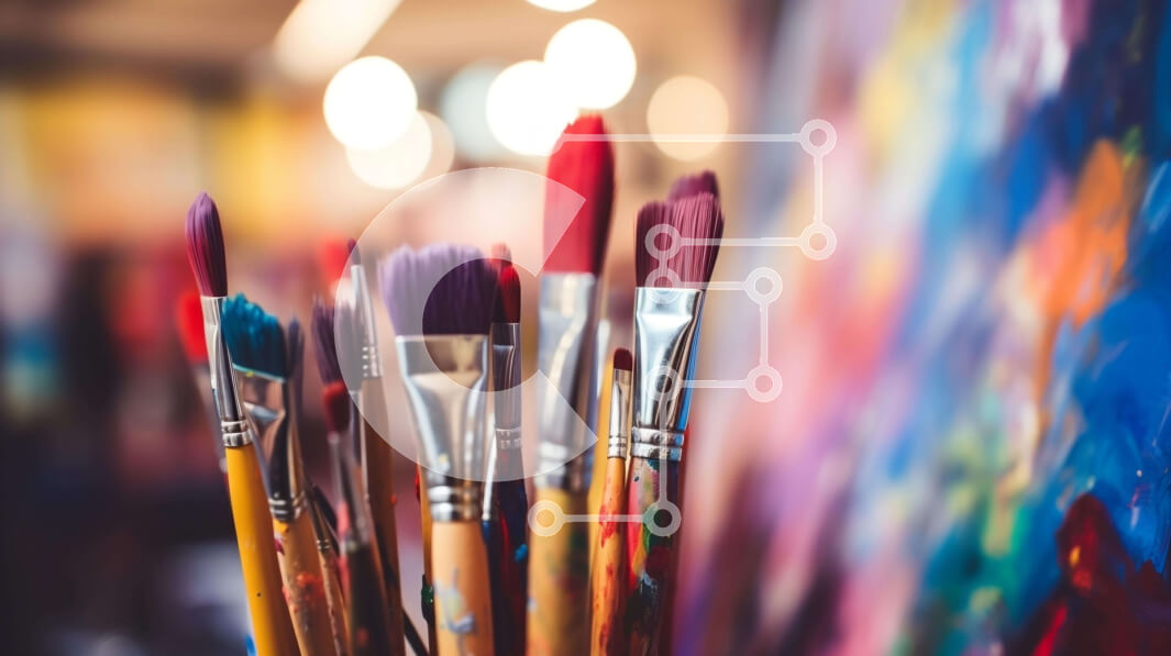 Intra Συλλεκτικό Ξύλινο Παζλ Plywood  4mm - Πολύχρωμα πινέλα μπογιάς μπροστά από την αφηρημένη ζωγραφική Σε Ξύλινο Κουτί - Διαστάσεις Puzzle: 10x10 cm – 25 κομμάτια