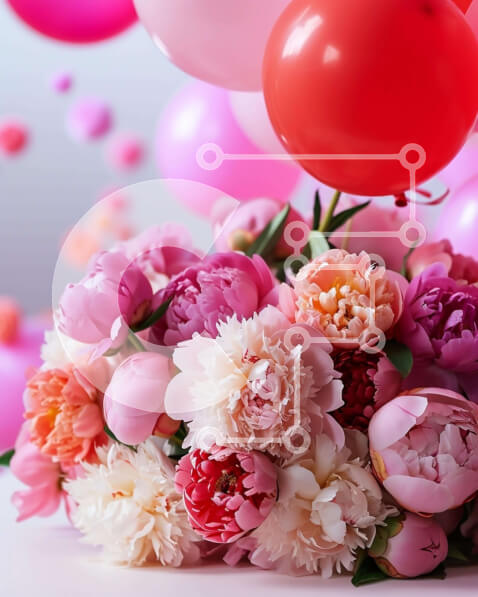 Intra Συλλεκτικό Ξύλινο Παζλ Plywood  4mm - Πολύχρωμο μπουκέτο λουλουδιών με μπαλόνια σε ξύλινο τραπέζι Σε Ξύλινο Κουτί - Διαστάσεις: 10x10 cm – 25 κομμάτια