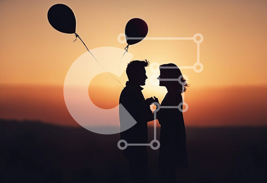 Intra Συλλεκτικό Ξύλινο Παζλ Plywood  4mm - Σιλουέτα ενός ζευγαριού που κρατά μπαλόνια στο ηλιοβασίλεμα Σε Ξύλινο Κουτί - Διαστάσεις Puzzle: 10x10 cm – 25 κομμάτια