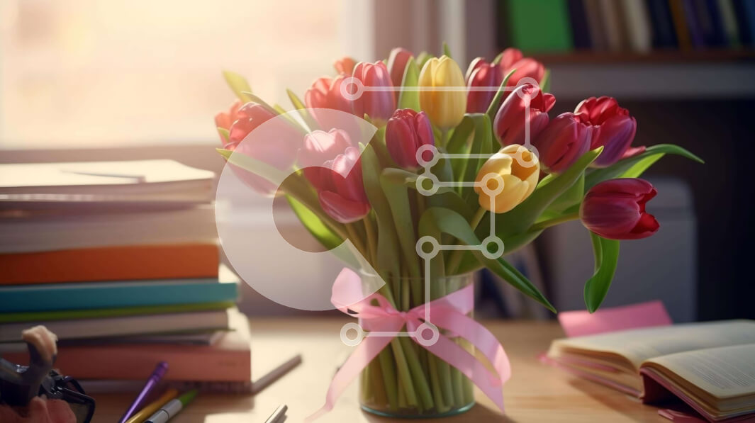 Intra Συλλεκτικό Ξύλινο Παζλ Plywood  4mm - Πολύχρωμες τουλίπες σε γυάλινο βάζο με βιβλία Σε Ξύλινο Κουτί - Διαστάσεις: 10x10 cm – 25 κομμάτια