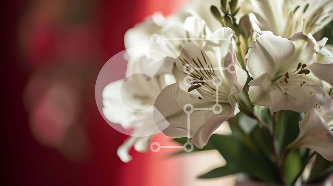 Intra Συλλεκτικό Ξύλινο Παζλ Plywood  4mm - Βάζο με λευκά λουλούδια μπροστά από την κόκκινη κουρτίνα Σε Ξύλινο Κουτί - Διαστάσεις: 10x10 cm – 25 κομμάτια