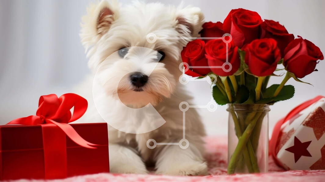 Intra Συλλεκτικό Ξύλινο Παζλ Plywood  4mm - Σκύλος με κόκκινα τριαντάφυλλα και μπαλόνια για την ημέρα του Αγίου Βαλεντίνου Σε Ξύλινο Κουτί - Διαστάσεις Puzzle: 10x10 cm – 25 κομμάτια