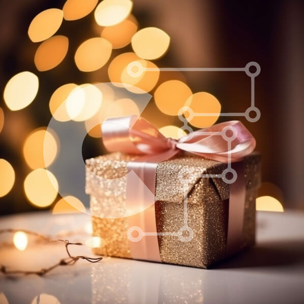 Intra Συλλεκτικό Ξύλινο Παζλ Plywood  4mm - Όμορφη εικόνα ενός χρυσού κουτιού δώρου με ροζ φιόγκο σε φόντο χριστουγεννιάτικο δέντρο Σε Ξύλινο Κουτί - Διαστάσεις: 10x10 cm – 25 κομμάτια