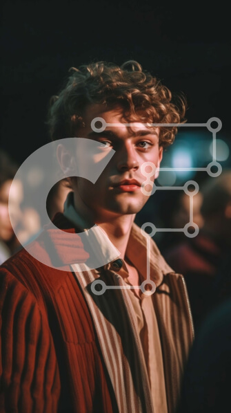 Intra Συλλεκτικό Ξύλινο Παζλ Plywood  4mm - Σοβαρός νεαρός άνδρας με σγουρά καστανά μαλλιά και κόκκινο σακάκι που στέκεται μπροστά σε ένα πλήθος ανθρώπων Σε Ξύλινο Κουτί - Διαστάσεις Puzzle: 10x10 cm – 25 κομμάτια