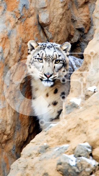 Σετ των 2 Intra Συλλεκτικό Ξύλινο Παζλ Plywood  4mm - Λεοπάρδαλη του χιονιού που κρυφοκοιτάζει από πίσω από βράχους Σε Ξύλινο Κουτί - Διαστάσεις: 10x10 cm – 25 κομμάτια