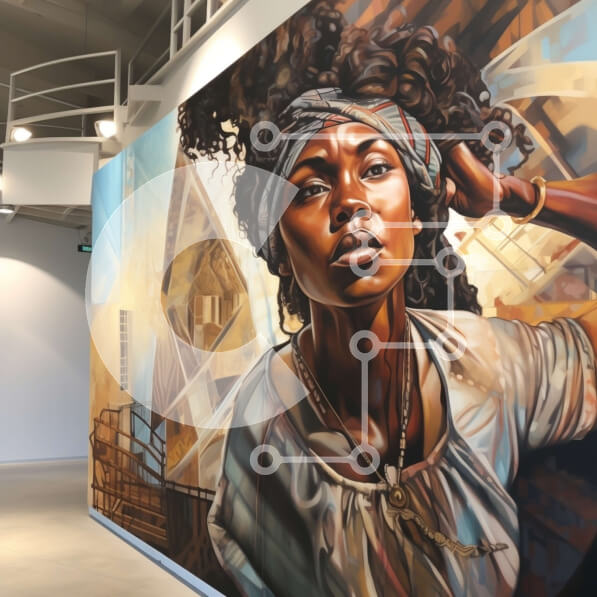 Intra Συλλεκτικό Ξύλινο Παζλ Plywood  4mm - Κομψή γυναίκα με Afro που στέκεται μπροστά από την πολύχρωμη τοιχογραφία γκράφιτι Σε Ξύλινο Κουτί - Διαστάσεις Puzzle: 10x10 cm – 25 κομμάτια