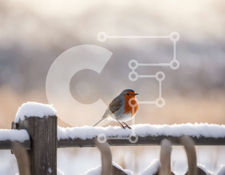 Intra Συλλεκτικό Ξύλινο Παζλ Plywood  4mm - Χειμερινή σκηνή με ένα μικρό πουλί σκαρφαλωμένο σε έναν χιονισμένο φράκτη Σε Ξύλινο Κουτί - Διαστάσεις: 10x10 cm – 25 κομμάτια