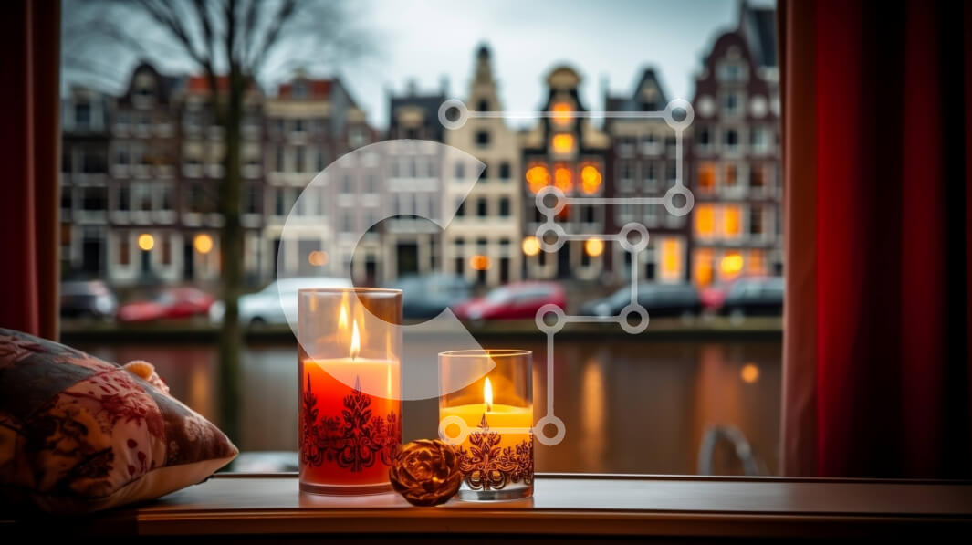 Intra Συλλεκτικό Ξύλινο Παζλ Plywood  4mm - Κηροπήγια σε περβάζι με θέα τα κτίρια Σε Ξύλινο Κουτί - Διαστάσεις Puzzle: 10x10 cm – 25 κομμάτια