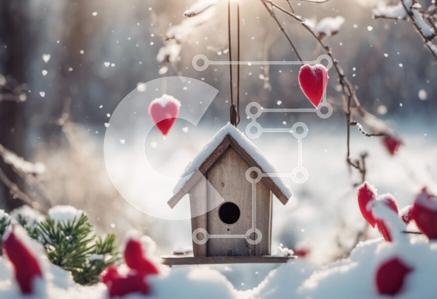 Intra Συλλεκτικό Ξύλινο Παζλ Plywood  4mm - Birdhouse με κόκκινες καρδιές στο Snowy Tree Branch Σε Ξύλινο Κουτί - Διαστάσεις: 10x10 cm – 25 κομμάτια