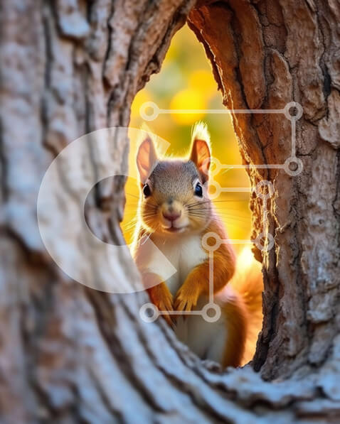 Σετ των 2 Intra Συλλεκτικό Ξύλινο Παζλ Plywood  4mm - Όμορφη εικόνα του κόκκινου σκίουρου που κρυφοκοιτάζει από μια κοιλότητα δέντρου Σε Ξύλινο Κουτί - Διαστάσεις: 10x10 cm – 25 κομμάτια