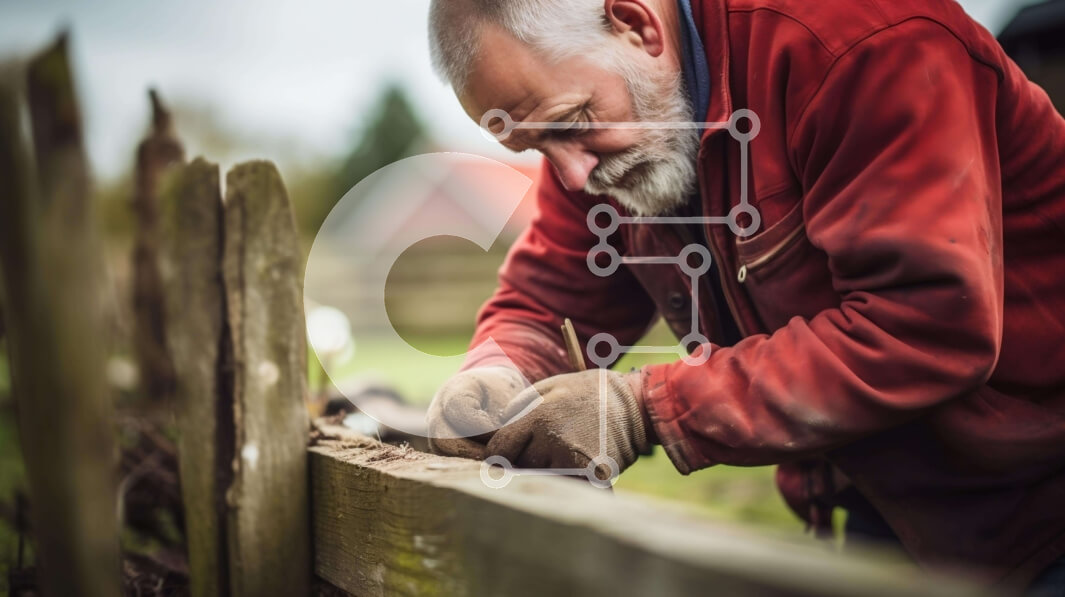 Intra Συλλεκτικό Ξύλινο Παζλ Plywood  4mm - Ηλικιωμένος άνδρας που εργάζεται στον ξύλινο φράκτη στην ύπαιθρο Σε Ξύλινο Κουτί - Διαστάσεις Puzzle: 10x10 cm – 25 κομμάτια