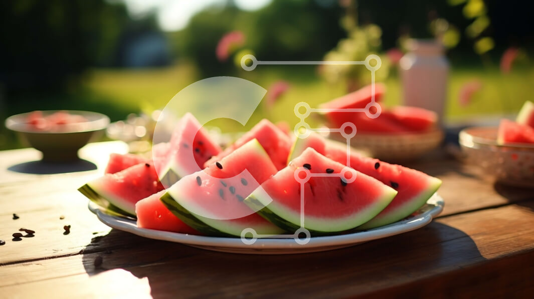 Σετ των 2 Intra Συλλεκτικό Ξύλινο Παζλ Plywood  4mm - Καρπούζι σε φέτες σε ένα ξύλινο τραπέζι στο φως του ήλιου Σε Ξύλινο Κουτί - Διαστάσεις: 10x10 cm – 25 κομμάτια