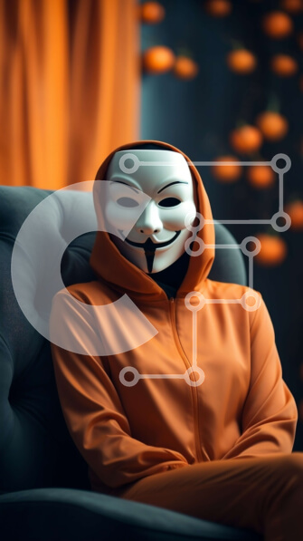 Intra Συλλεκτικό Ξύλινο Παζλ Plywood  4mm - Πρόσωπο με πορτοκαλί ολόσωμη φόρμα και μάσκα Guy Fawkes Σε Ξύλινο Κουτί - Διαστάσεις Puzzle: 10x10 cm – 25 κομμάτια