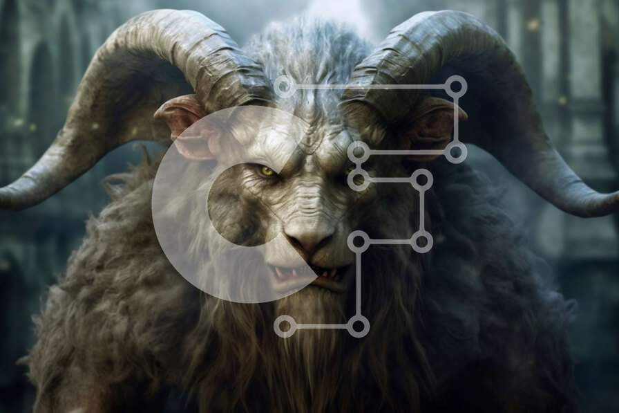 Intra Συλλεκτικό Ξύλινο Παζλ Plywood  4mm - Τρομακτική εικόνα ενός κριαριού που μοιάζει με δαιμόνιο μπροστά από ένα κτήριο γοτθικού στιλ Σε Ξύλινο Κουτί - Διαστάσεις: 10x10 cm – 25 κομμάτια