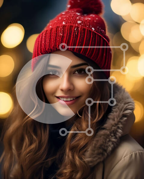 Intra Συλλεκτικό Ξύλινο Παζλ Plywood  4mm - Χαμογελαστή νεαρή γυναίκα με πορτοκαλί πουλόβερ και κόκκινο φασόλι Σε Ξύλινο Κουτί - Διαστάσεις Puzzle: 10x10 cm – 25 κομμάτια