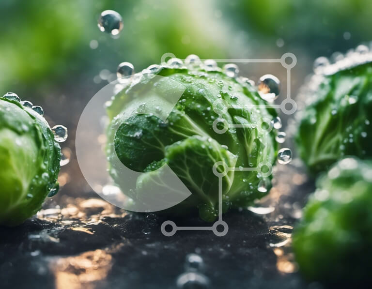 Σετ των 2 Intra Συλλεκτικό Ξύλινο Παζλ Plywood  4mm - Κοντινό πλάνο από φρέσκα λαχανάκια Βρυξελλών με σταγονίδια νερού Σε Ξύλινο Κουτί - Διαστάσεις: 10x10 cm – 25 κομμάτια