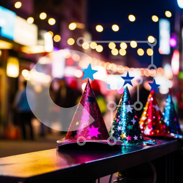 Intra Συλλεκτικό Ξύλινο Παζλ Plywood  4mm - Πολύχρωμα καπέλα πάρτι σε έναν ξύλινο πάγκο σε έναν αστικό δρόμο τη νύχτα Σε Ξύλινο Κουτί - Διαστάσεις Puzzle: 10x10 cm – 25 κομμάτια