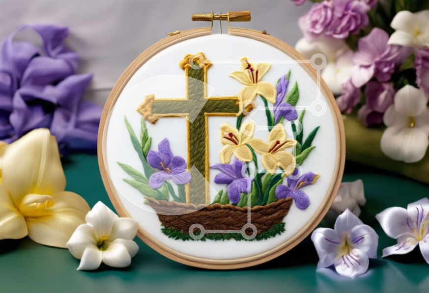 Intra Συλλεκτικό Ξύλινο Παζλ Plywood  4mm - Θρησκευτικό τσέρκι κεντήματος με σταυρό και λουλούδια Σε Ξύλινο Κουτί - Διαστάσεις: 10x10 cm – 25 κομμάτια