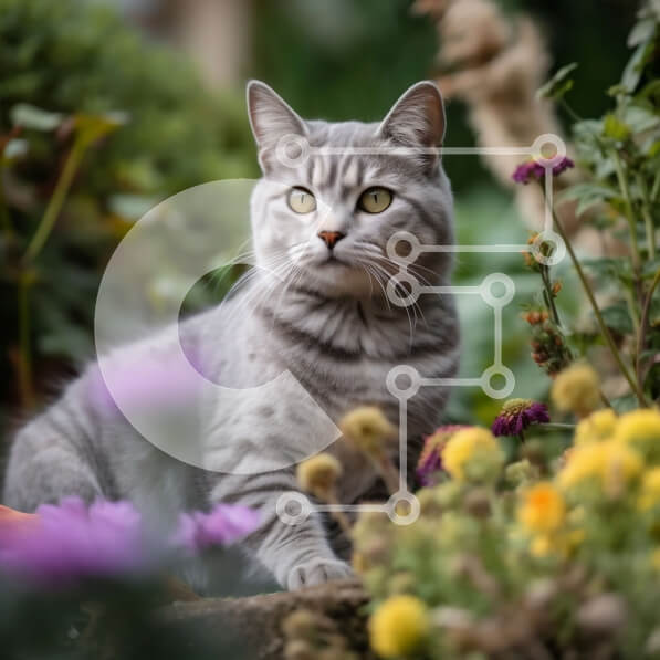 Intra Συλλεκτικό Ξύλινο Παζλ Plywood  4mm - Αξιολάτρευτη εικόνα μιας γκρίζας γάτας που κάθεται σε έναν βράχο σε έναν κήπο με λουλούδια Σε Ξύλινο Κουτί - Διαστάσεις: 10x10 cm – 25 κομμάτια