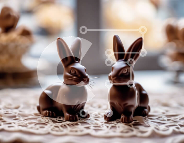 Intra Συλλεκτικό Ξύλινο Παζλ Plywood  4mm - Πασχαλινά σοκολατένια κουνελάκια και αυγά σε τραπέζι με δαντέλα Σε Ξύλινο Κουτί - Διαστάσεις: 10x10 cm – 25 κομμάτια