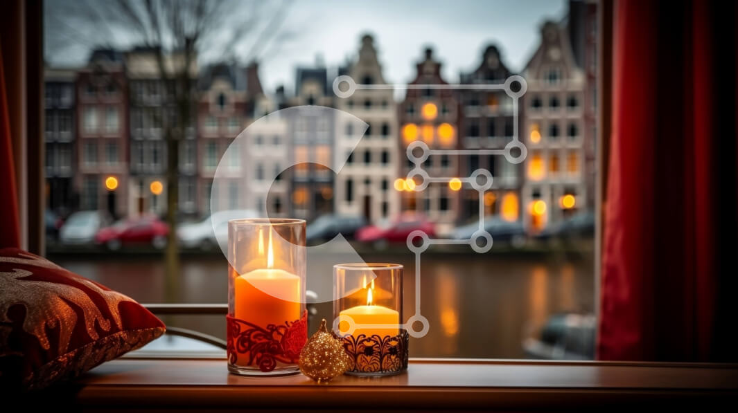 Intra Συλλεκτικό Ξύλινο Παζλ Plywood  4mm - Κηροπήγια στο περβάζι παραθύρου μπροστά από το φωτισμένο κτίριο τη νύχτα Σε Ξύλινο Κουτί - Διαστάσεις Puzzle: 10x10 cm – 25 κομμάτια