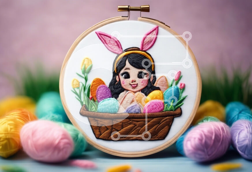 Intra Συλλεκτικό Ξύλινο Παζλ Plywood  4mm - Πασχαλινό τσέρκι κεντήματος με αυτιά κοριτσιού και κουνελιού Σε Ξύλινο Κουτί - Διαστάσεις: 10x10 cm – 25 κομμάτια