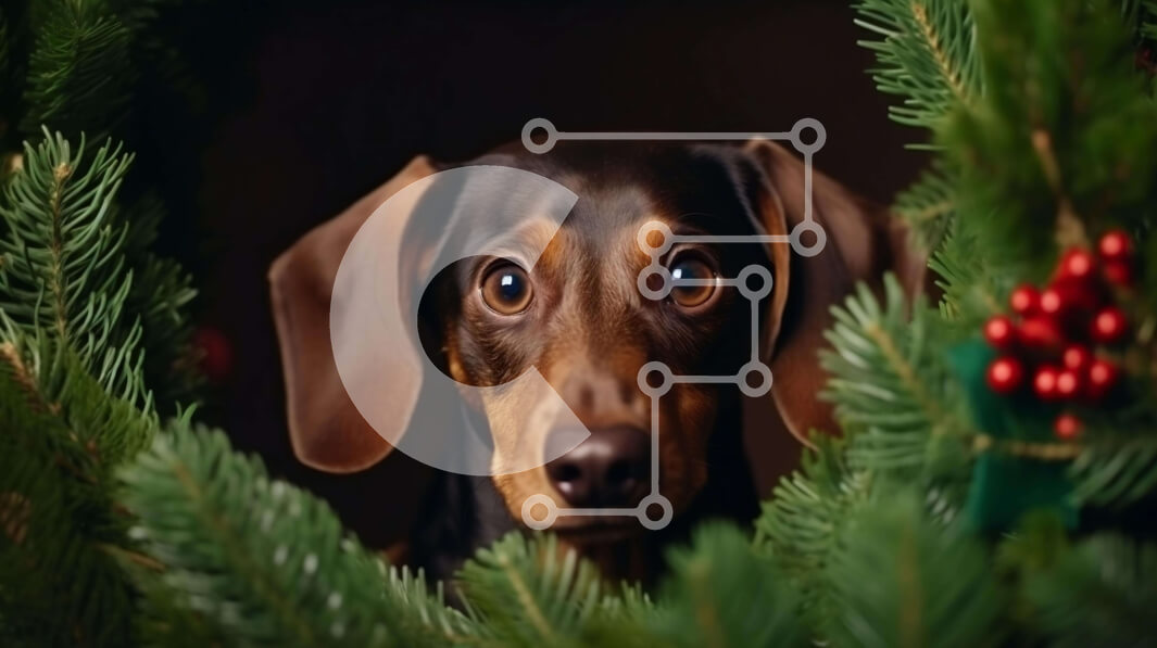 Intra Συλλεκτικό Ξύλινο Παζλ Plywood  4mm - Περίεργος σκύλος Dachshund πίσω από το χριστουγεννιάτικο δέντρο Σε Ξύλινο Κουτί - Διαστάσεις: 10x10 cm – 25 κομμάτια